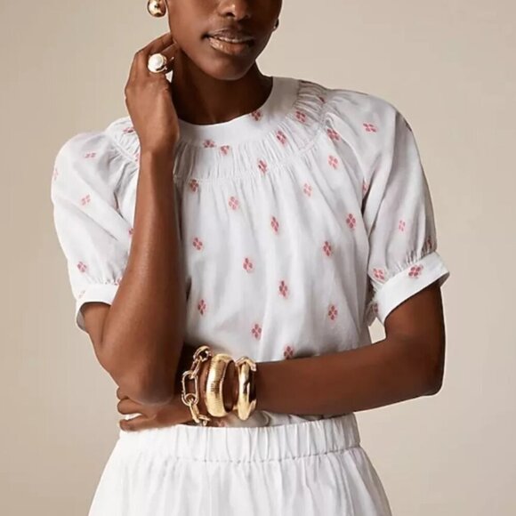 J Crew Blouse Womens Large White Dot Smock Neck Short Puff Sleeve Cotton Top - Picture 4 of 5